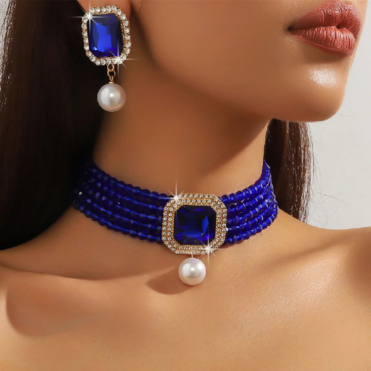 FYUAN-Ensembles de bijoux multicouches pour femmes, collier en cristal, boucles d'oreilles en perles carrées géométriques, banquet de mariage, vert, rouge, bleu, noir