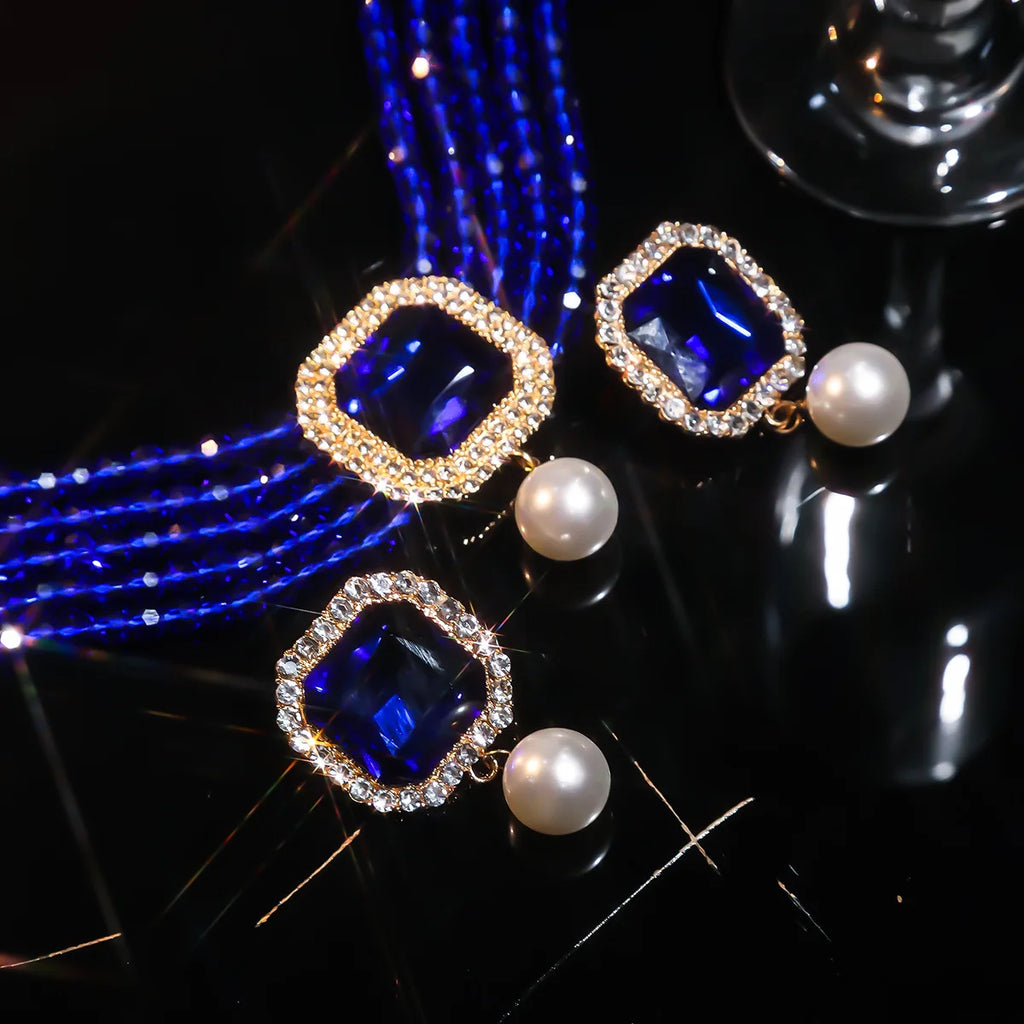 FYUAN-Ensembles de bijoux multicouches pour femmes, collier en cristal, boucles d'oreilles en perles carrées géométriques, banquet de mariage, vert, rouge, bleu, noir
