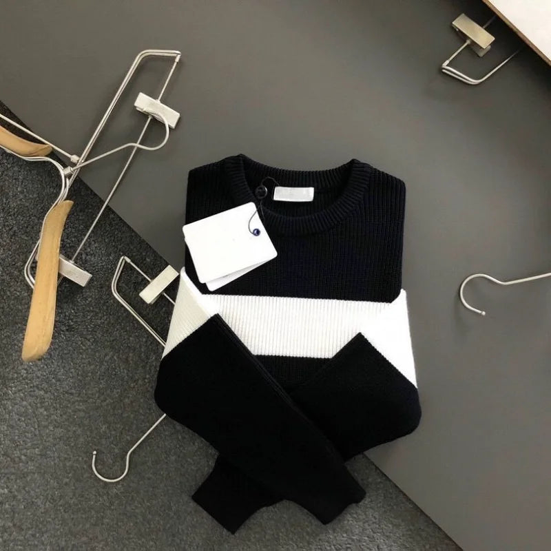 Pull  a rayure tendance pour hommes , automne et hiver, col rond décontracté  chauds