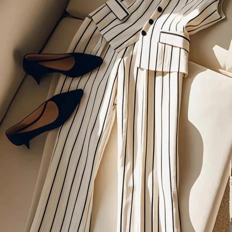 Ensemble mode rayé costume femmes été sans manches simple boutonnage gilet + pantalon à jambes larges bureau 2 pièces