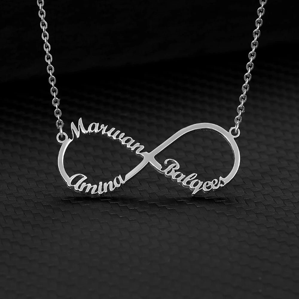 Colliers infini personnalisés à Double cœur et deux noms pour femmes, pendentif en acier inoxydable, bijoux personnalisés, cadeau