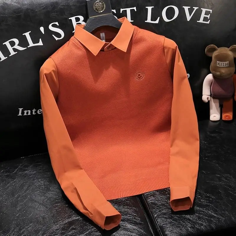 Chemise polo nouveau style faux deux pièces épissé hommes à la mode brodé col de chemise coupe ajustée haut de gamme hommes