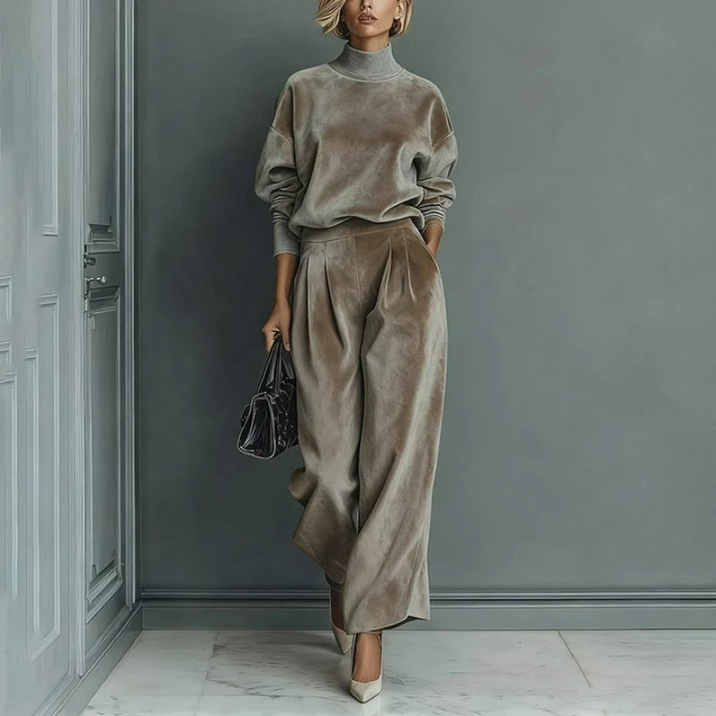 Ensemble  décontractés pour femmes, nouveau Style, mode automne/hiver 2026, velours, manches longues,, col haut, pantalon à jambes larges