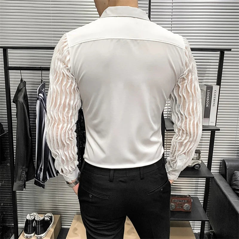 Chemises ajourées en dentelle pour hommes, manches longues, coupe Slim, Streetwear, fête sociale, Blouse, discothèque, chanteur, vêtements Dj, Camisas Para Hombre