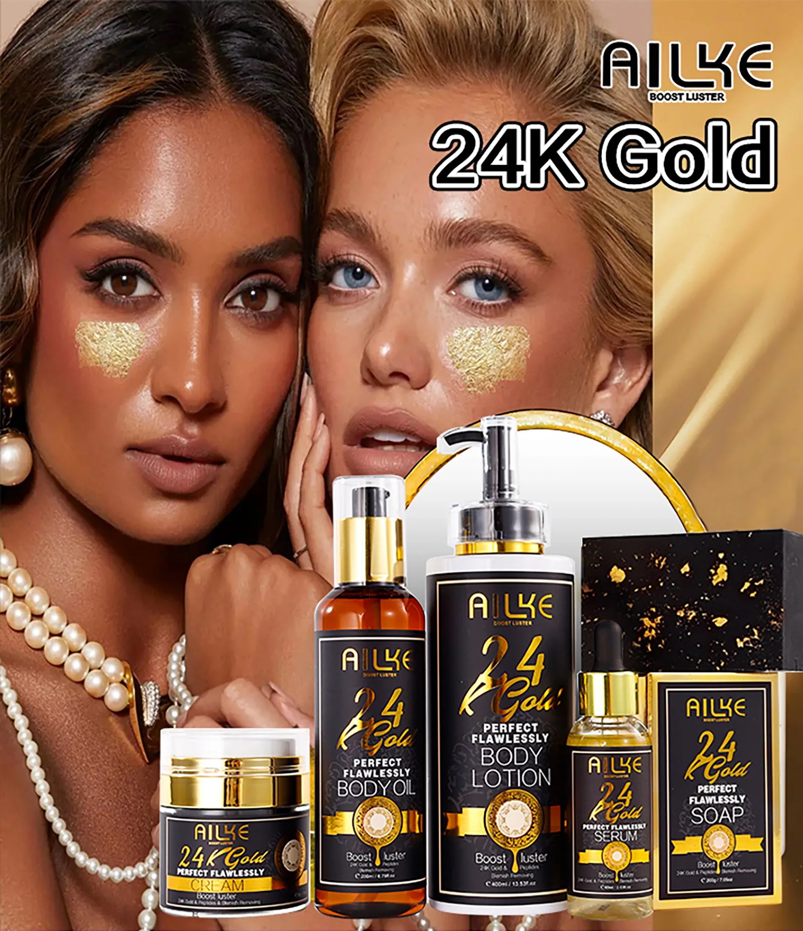 AILKE 24K Glod Gamme de soins pour la peau impeccable, blanchissant la peau, réduit les taches foncées, la mélanine, les rides, hydrate, pour femmes et hommes