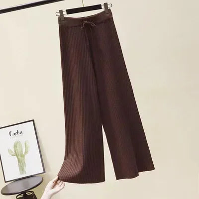 Pantalon drapé taille haute à jambes larges pour femme, décontracté, ample, en tricot, jambes droites, à lacets, couleur unie, 2026