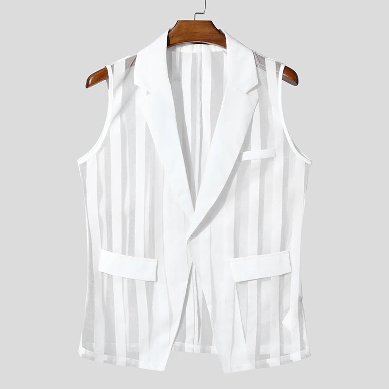 Hommes gilets maille rayé Transparent Sexy revers sans manches un bouton hommes gilets Streetwear 2025 mode gilets décontractés INCERUN