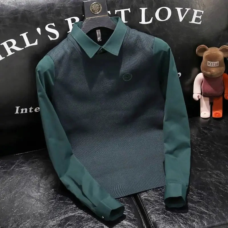 Chemise polo nouveau style faux deux pièces épissé hommes à la mode brodé col de chemise coupe ajustée haut de gamme hommes