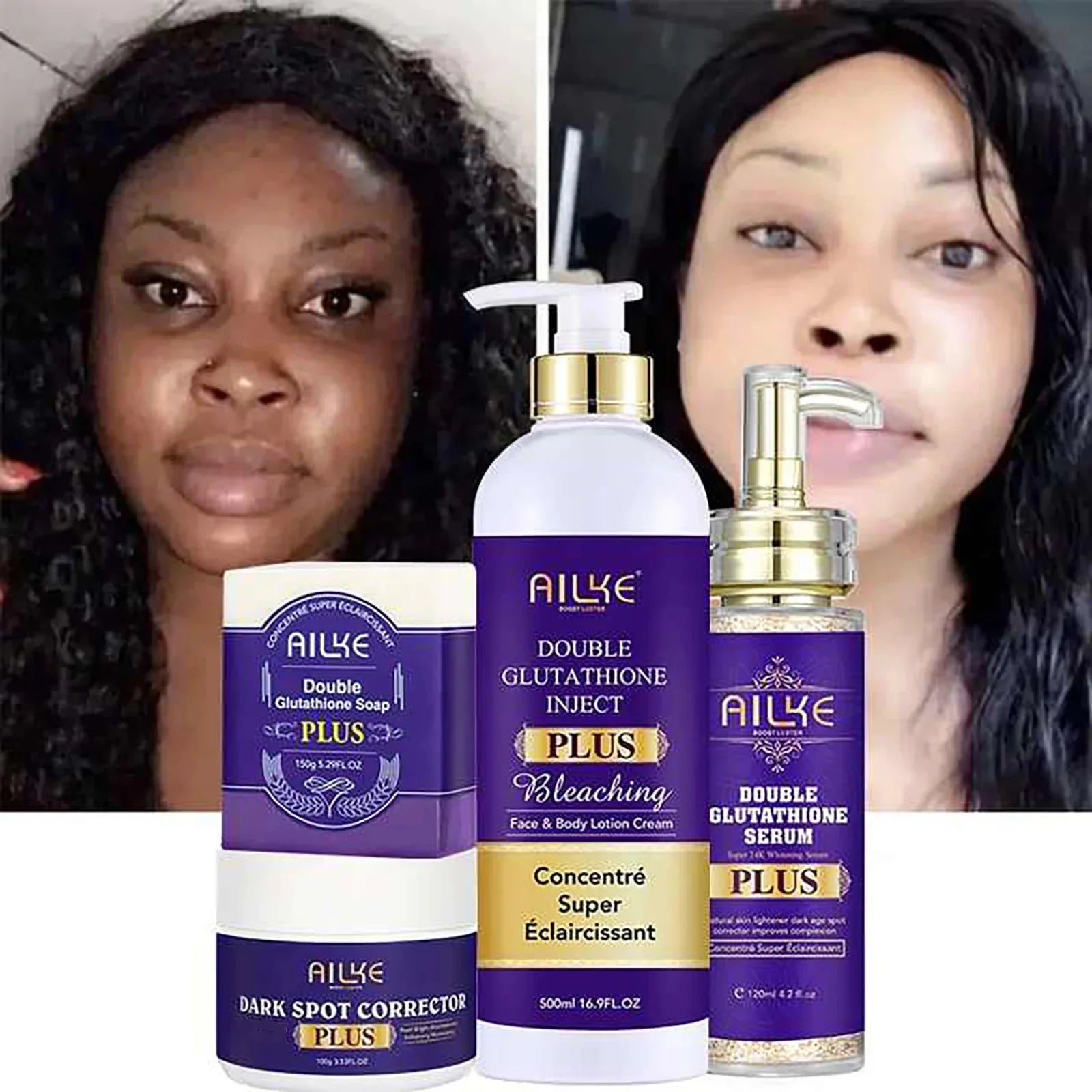 AILKE Ensemble de blanchiment double glutathion pour tous les types de peau, réduit les taches foncées, la mélanine, les taches de rousseur, le cloasma, même le teint