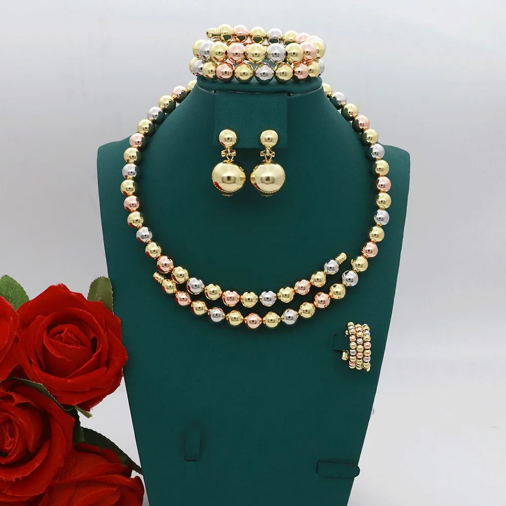 Ensemble de bijoux de luxe plaqués or 18 carats, fait à la main, collier de perles tricolores, boucles d'oreilles brillantes, bague, Bracelet, cadeau de fête de noël