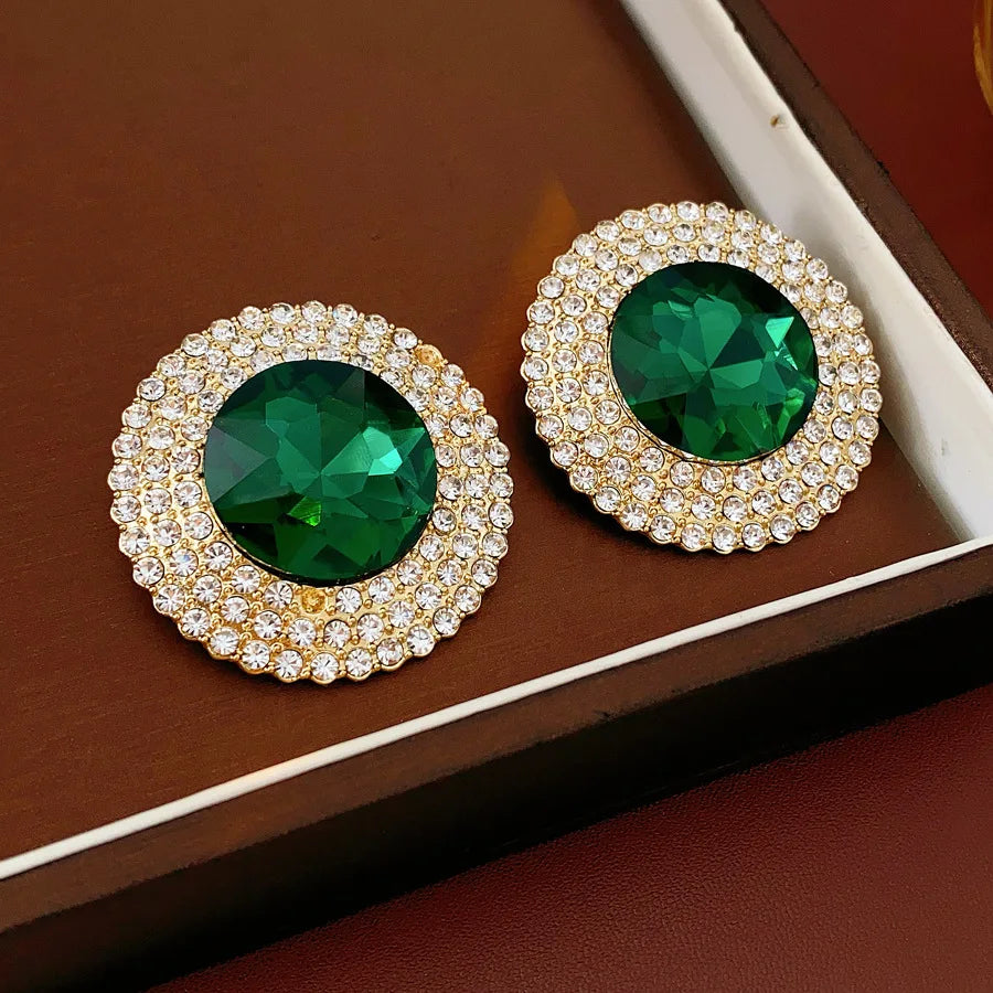 Ensemble de bijoux ronds en verre strass incrusté vert pour femmes, collier, lumière émeraude, luxe, chaîne de clavicule, boucles d'oreilles, ensemble de mariage