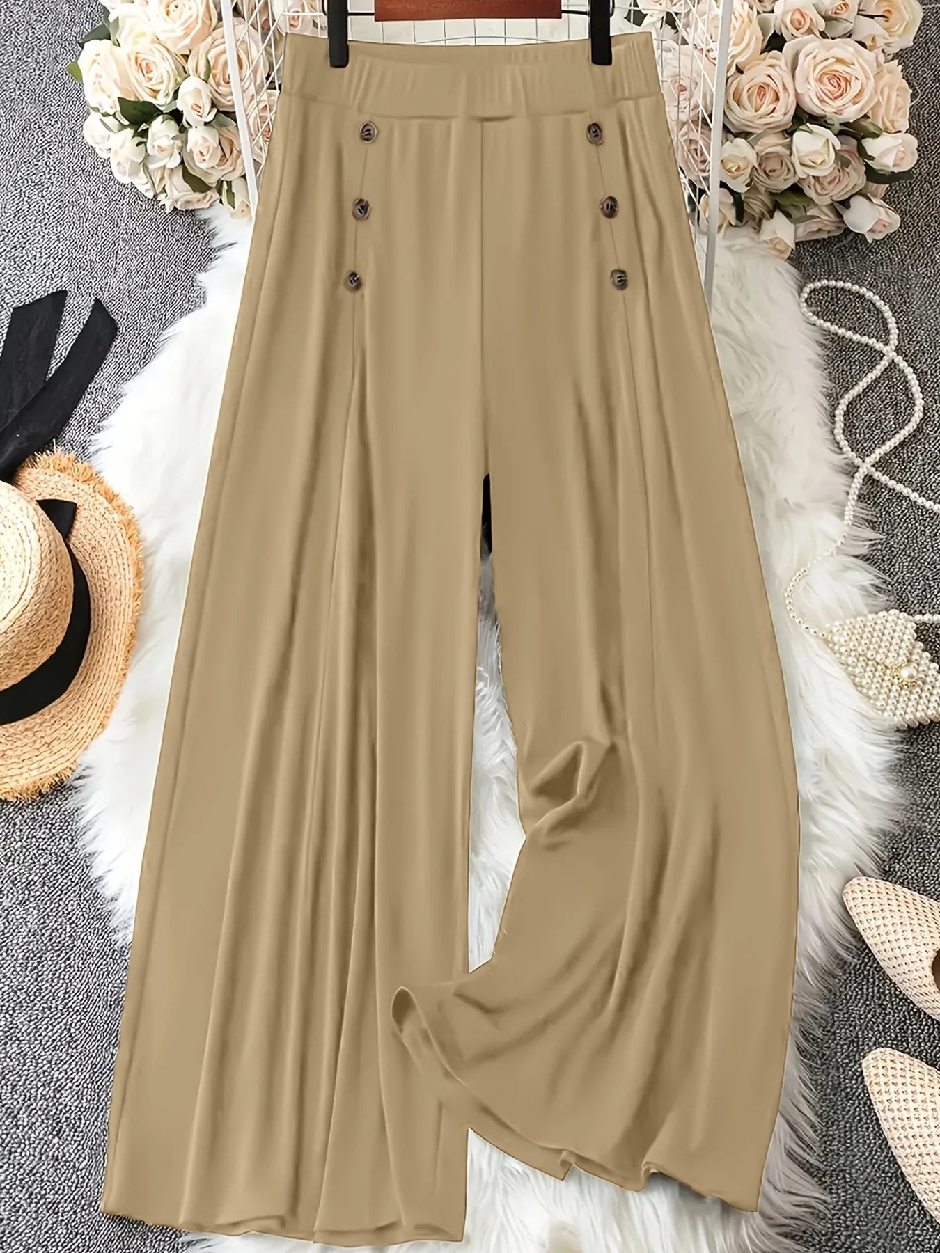 Pantalon taille haute à jambes larges pour femmes, couleur unie, ample, confortable, décontracté, avec boutons décoratifs