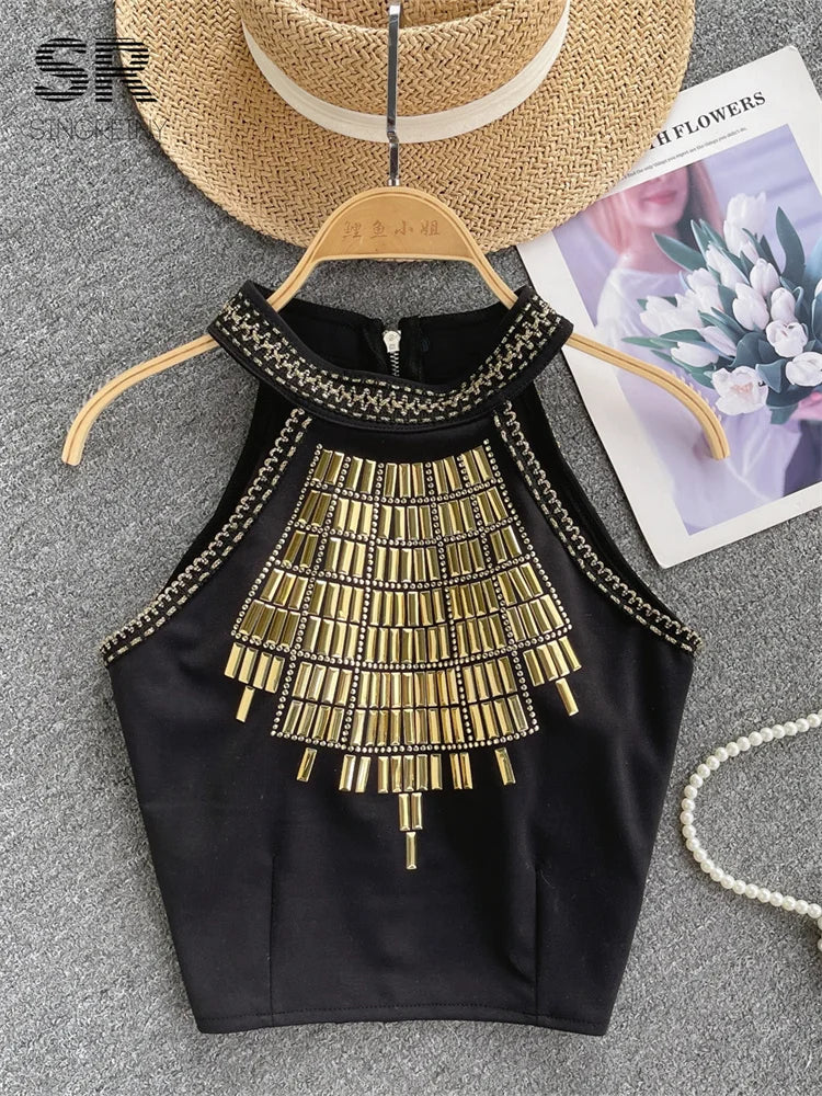 Haut sans manches à paillettes pour femmes, col licou, fermeture éclair, mode, élégant, haute qualité, Streetwear,Sexy, été, 2026