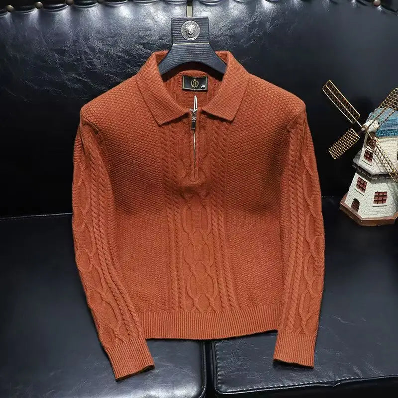 Pull à col roulé à manches longues pour hommes, pull à revers avec fermeture éclair, pull monochrome, pull torsadé, streetwear, printemps, automne