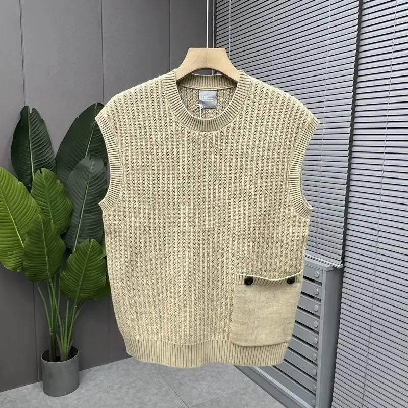 Gilet tricoté à col rond pour hommes, vêtements décontractés, ample, sans manches, pull tendance, nouvelle collection printemps automne2026