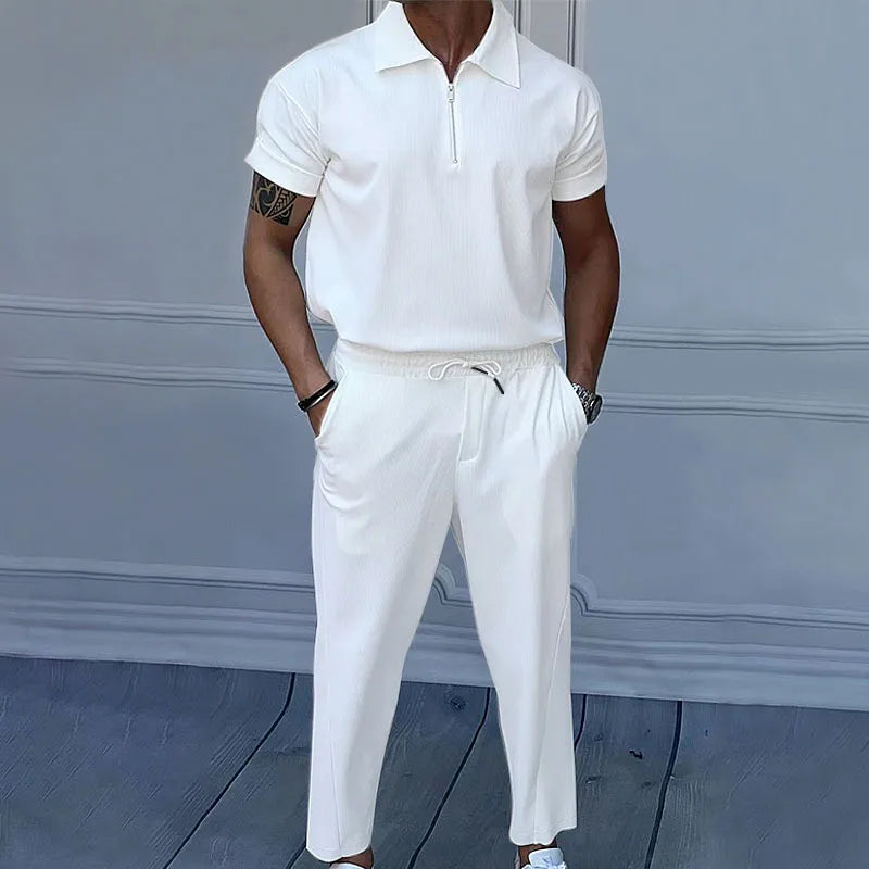 Ensemble pour hommes  couleur unie, revers, manches courtes, fermeture éclair, pantalon, nouvelle collection 2026