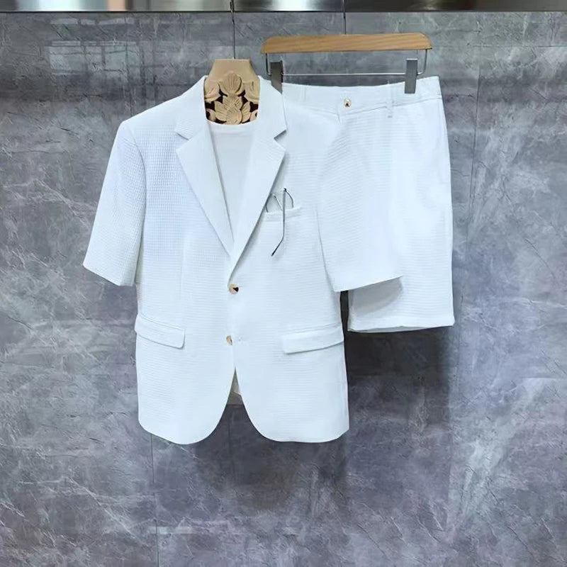 Costumes à manches courtes pour hommes, vestes et Shorts de Style coréen, tissu pied-de-poule Simple et solide, ensembles deux pièces confortables et ajustés