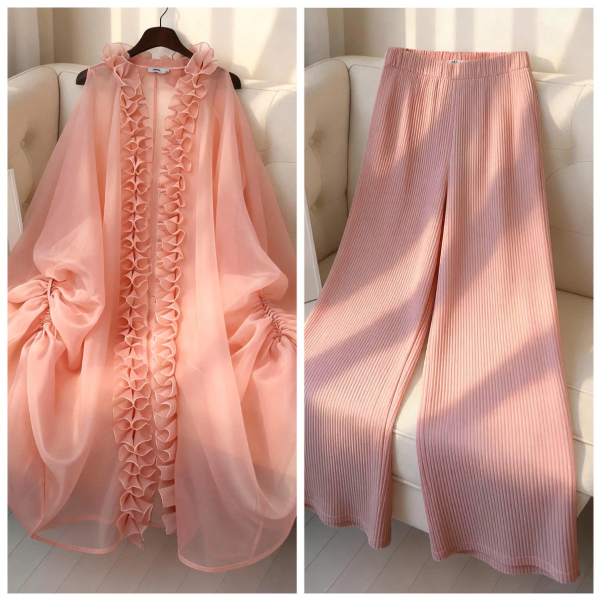 Ensemble deux pièces  élégant à volants, sans manches, Cape caftan ample, taille haute, jambes larges, pantalon plissé, nouveau2026