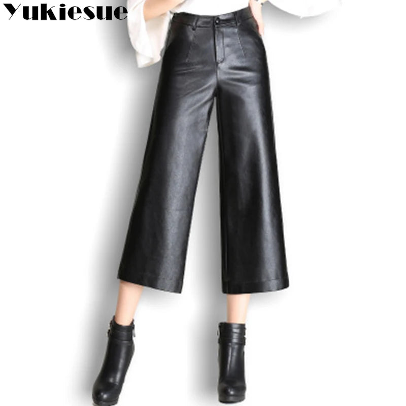 Pantalon capri en cuir PU pour femme, pantalon à jambes larges, pantalon droit, hiver, automne