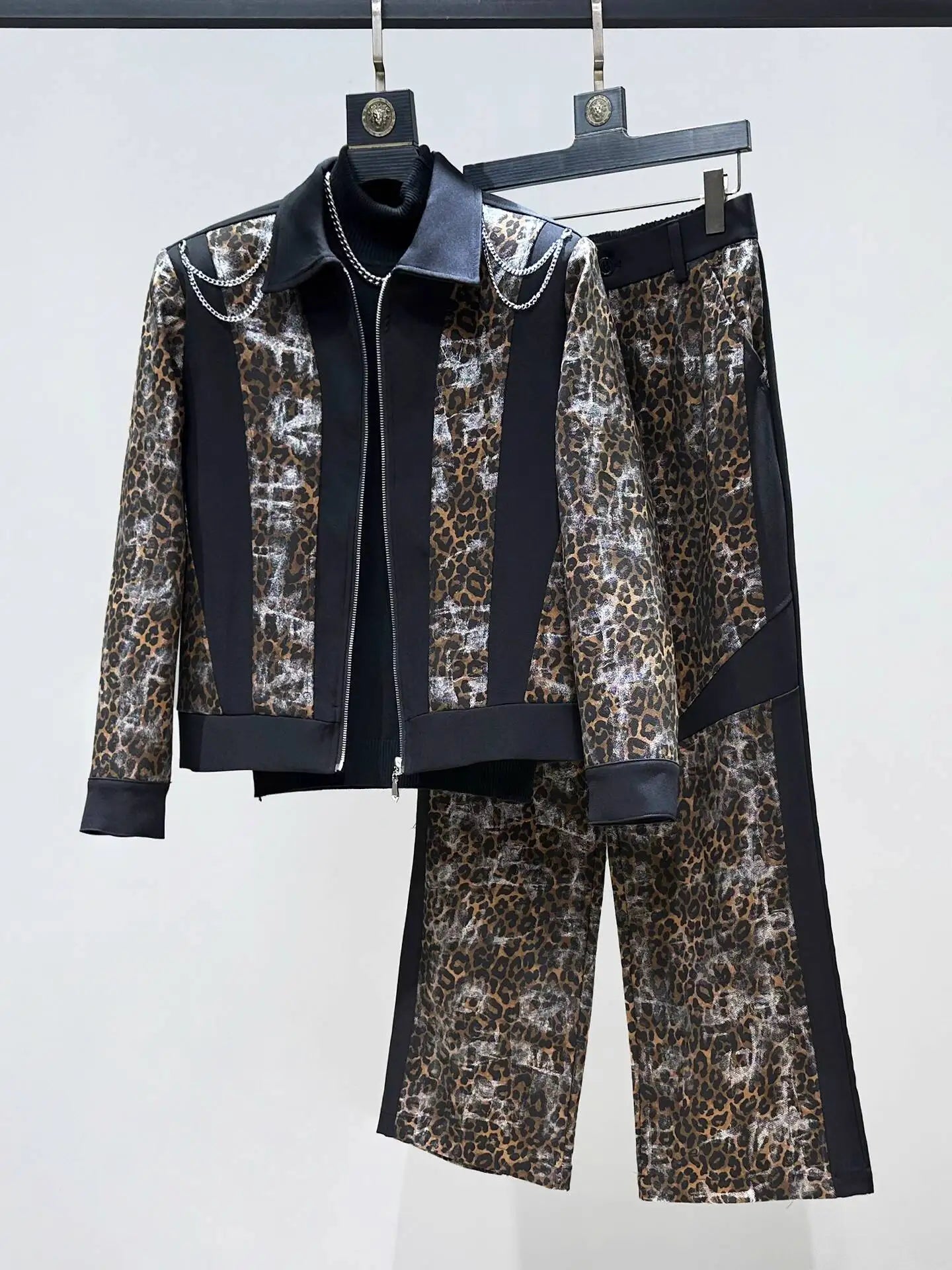 Ensemble  2 pièces pour hommes, tendance, nouvelle chaîne d'épissure, imprimé léopard, pantalon Long droit décontracté, nouvelle collection