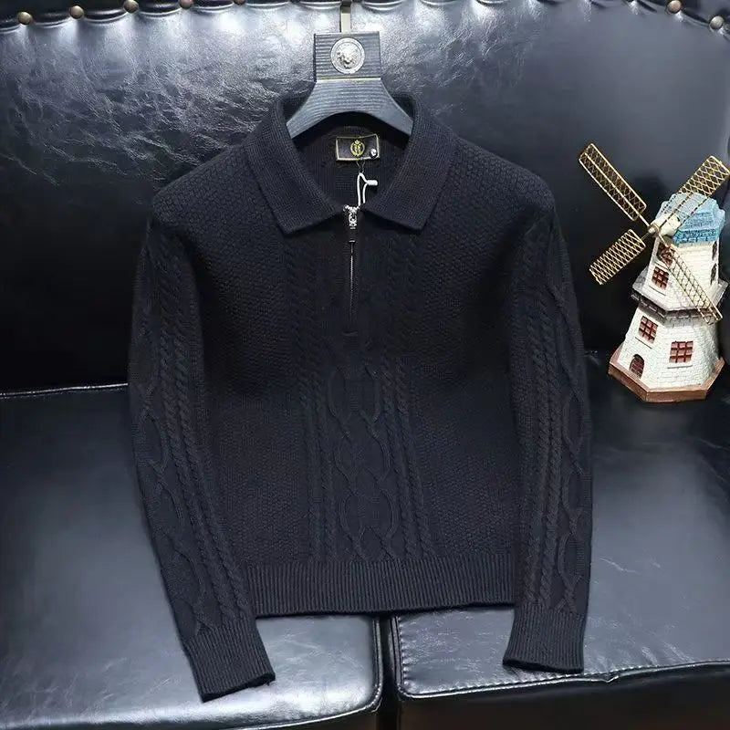 Pull à col roulé à manches longues pour hommes, pull à revers avec fermeture éclair, pull monochrome, pull torsadé, streetwear, printemps, automne