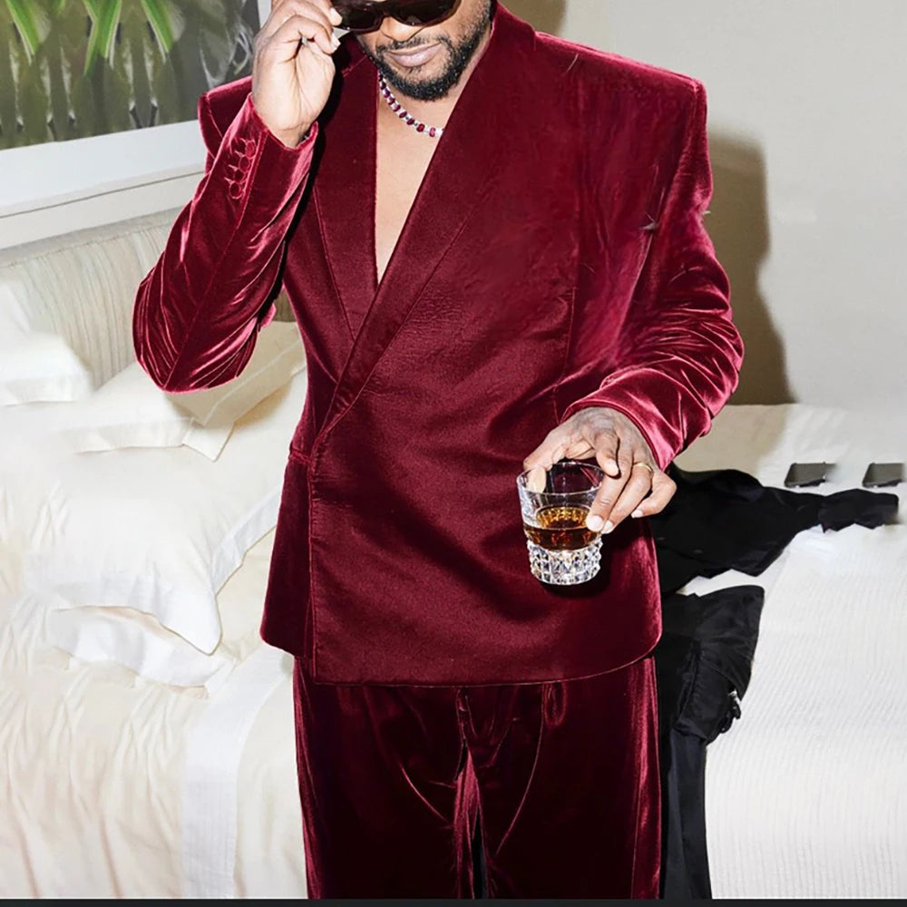 Costumes décontractés en velours pour hommes, mode rouge, longueur régulière, 2 pièces, veste et pantalon, tenues personnalisées, vêtements quotidiens pour hommes, Blazer