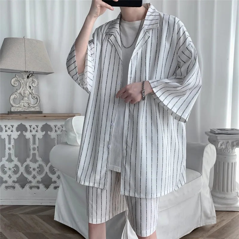 Ensemble de shorts assortis pour hommes, chemises à lettres rayées, tenues à imprimé floral, manches courtes, taille élastique, mince, surdimensionné, été