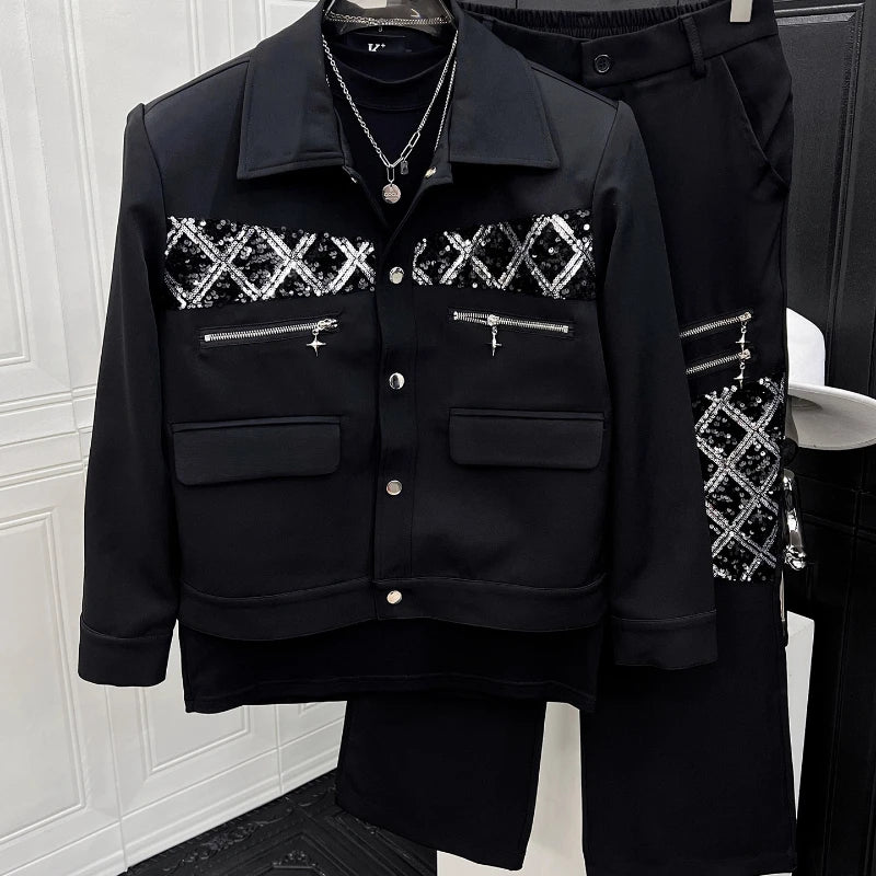 Ensemble pour Homme nouveau beau Niche paillettes 2 piècesde luxe , épissage épaulettes amples mode de haut de gamme