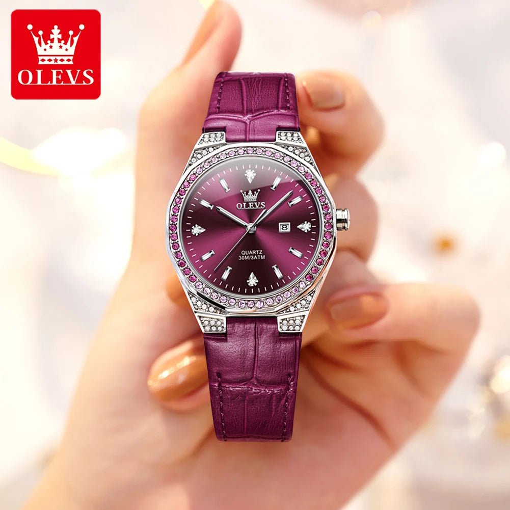 OLEVS Original femmes montres diamant tour mode bracelet en cuir 3m étanche lumineux dames montre-bracelet montre à Quartz pour les femmes