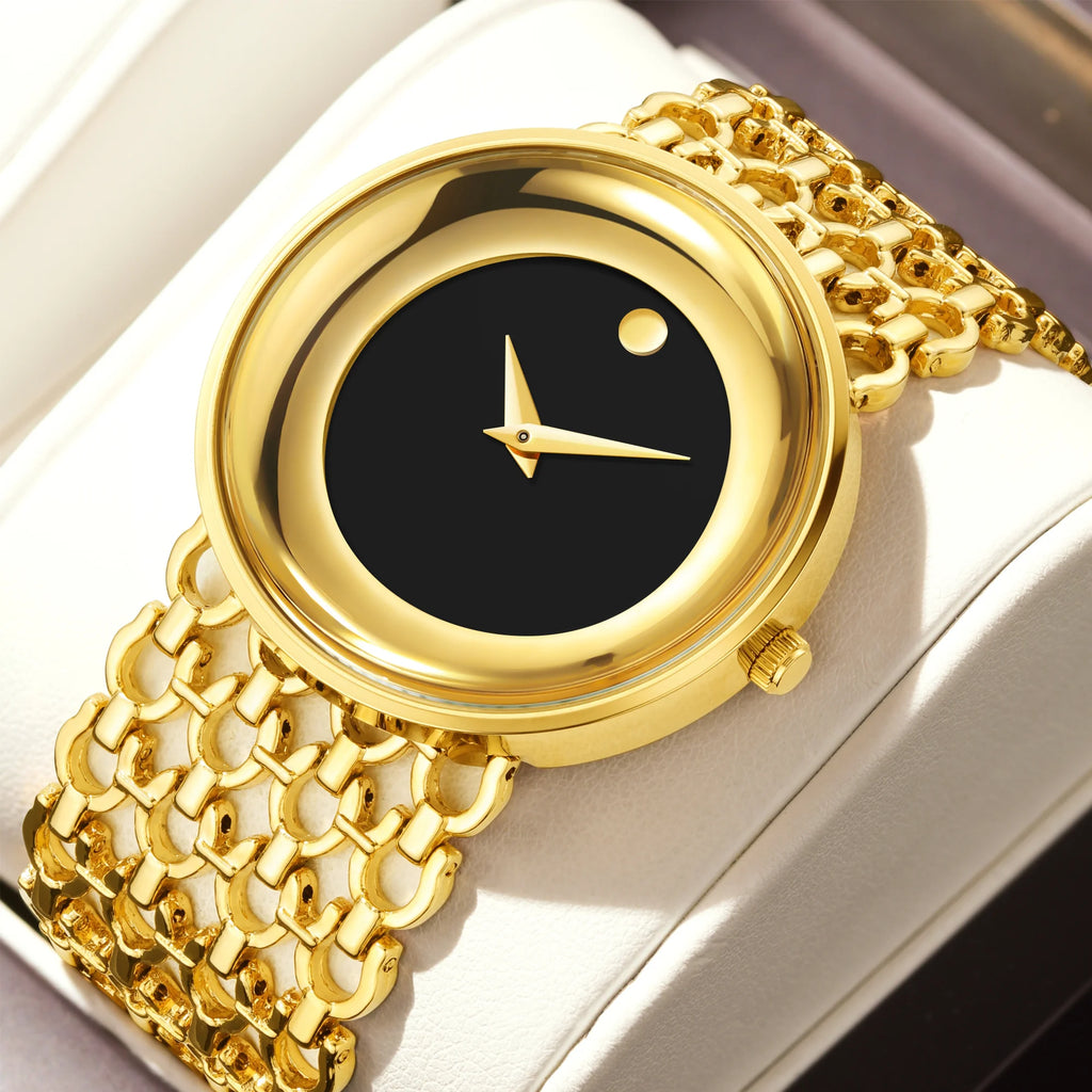 Montre pour femmes, boîtier en or, cadran noir, Style Simple, nouveau dissolvant de montre en boîte, plaqué or, offre spéciale, 2024