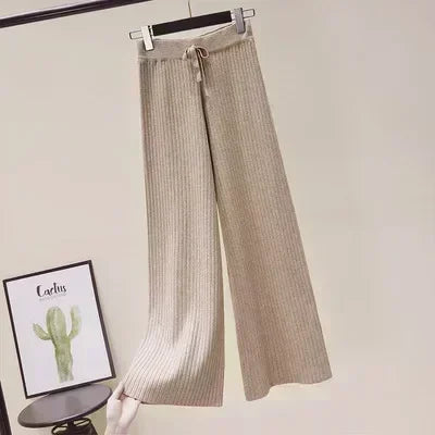 Pantalon drapé taille haute à jambes larges pour femme, décontracté, ample, en tricot, jambes droites, à lacets, couleur unie, 2026