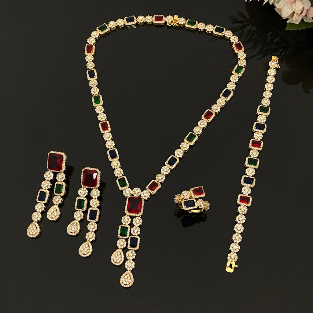 ensemble de LUXE  4 pendentifs en forme de goutte d'eau, bijoux en Zircon plaqué pour femmes, Bracelet, bague, collier, boucles d'oreilles, combinaison adaptée à un usage quotidien
