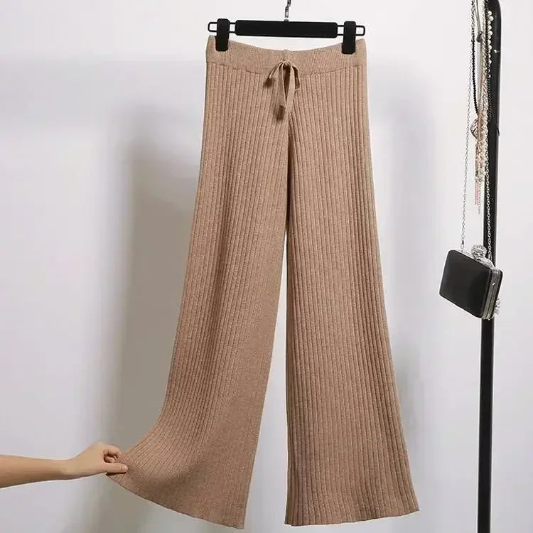 Pantalon drapé taille haute à jambes larges pour femme, décontracté, ample, en tricot, jambes droites, à lacets, couleur unie, 2026