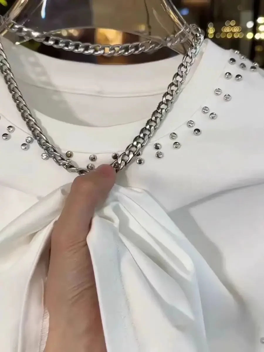 T-shirt tendance de luxe à manches courtes pour hommes, mode d'été,  rivets, col rond, décontracté