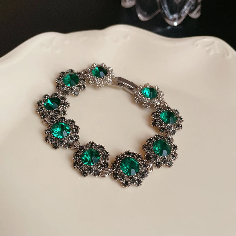 Collier de fleurs en strass pour femmes, cercle vert, Bracelet Vintage médiéval, luxe français, boucles d'oreilles délicates, ensembles de bijoux, vente en gros