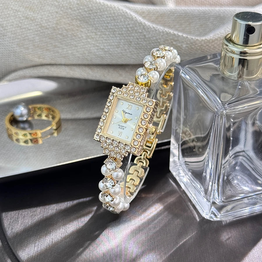 Montre  Double rangée exquis petite perle Bracelet montre carré incrusté de diamants lumière luxe dames montre à Quartz