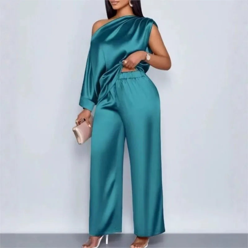 Ensemble  Costume pantalon en Satin pour femme, décontracté, col incliné, hauts à manches courtes, pantalons à jambes larges