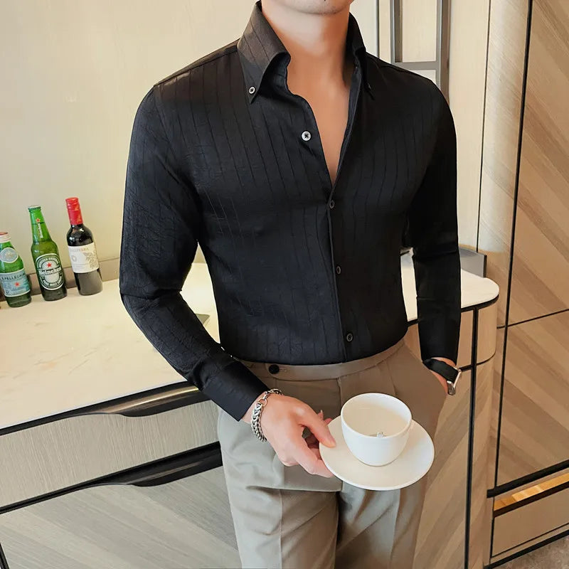 Chemise style  coréen pour homme vêtements De luxe haute qualité rayures foncées à manches longues coupe ajustée