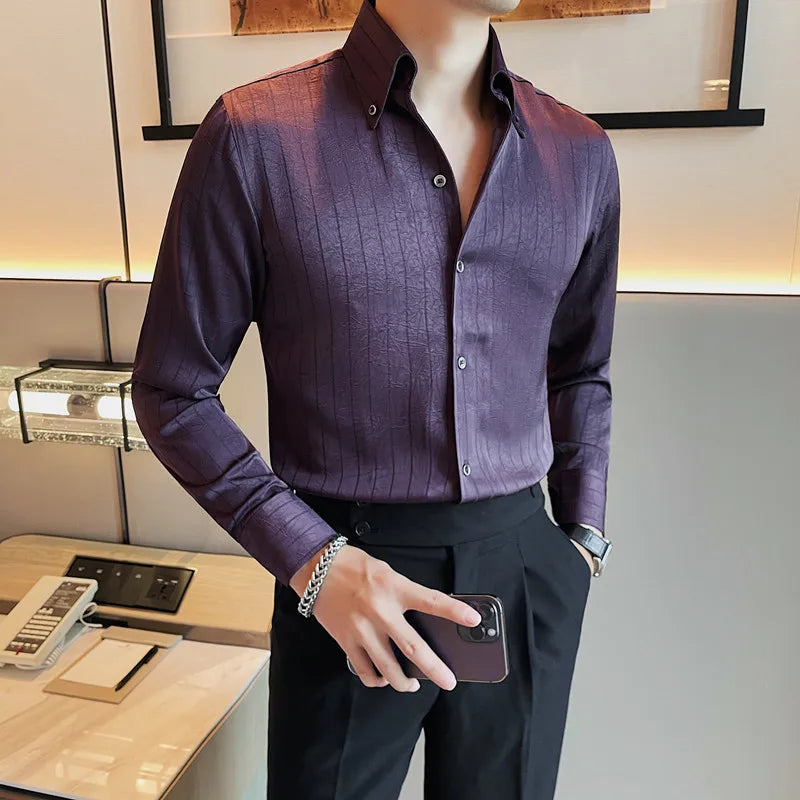 Chemise style  coréen pour homme vêtements De luxe haute qualité rayures foncées à manches longues coupe ajustée