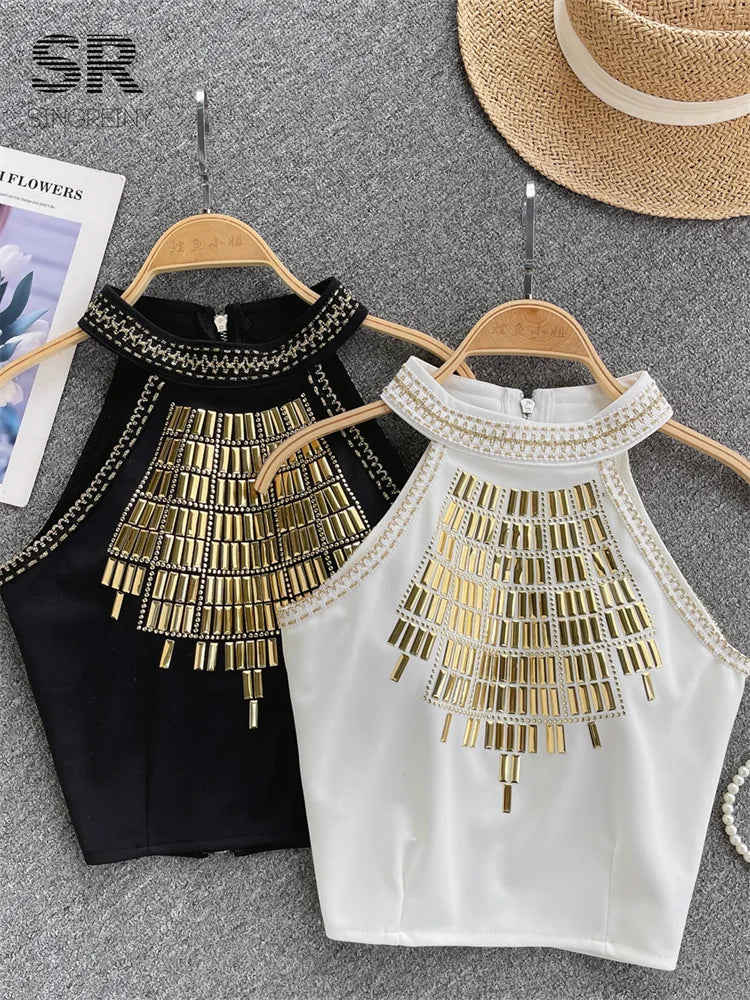Haut sans manches à paillettes pour femmes, col licou, fermeture éclair, mode, élégant, haute qualité, Streetwear,Sexy, été, 2026