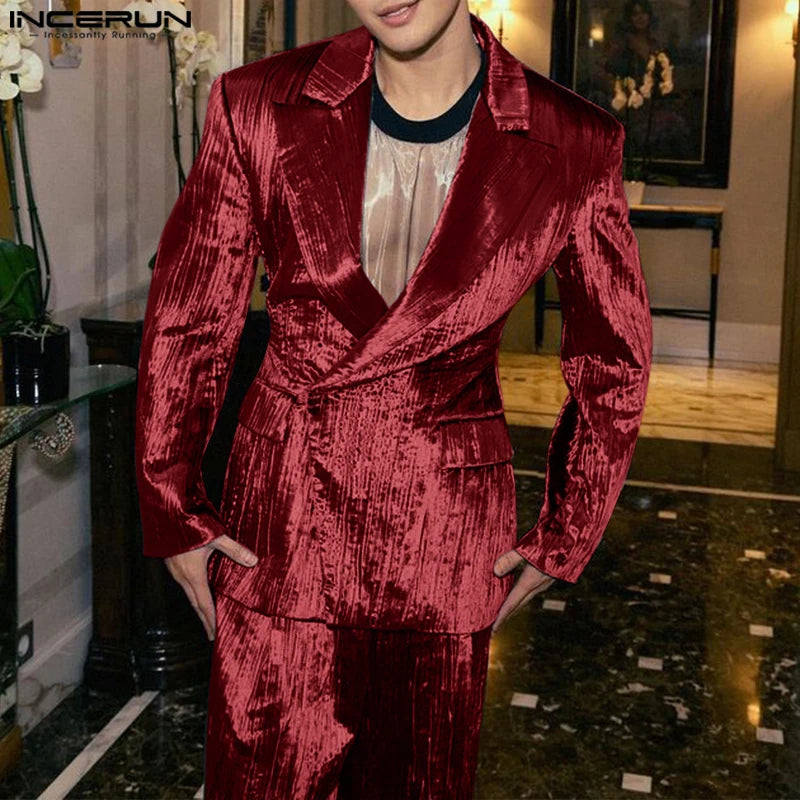 Blazer hommes brillant plissé taille costume manteau fête spectacles mâle Double poche revers à manches longues Blazer