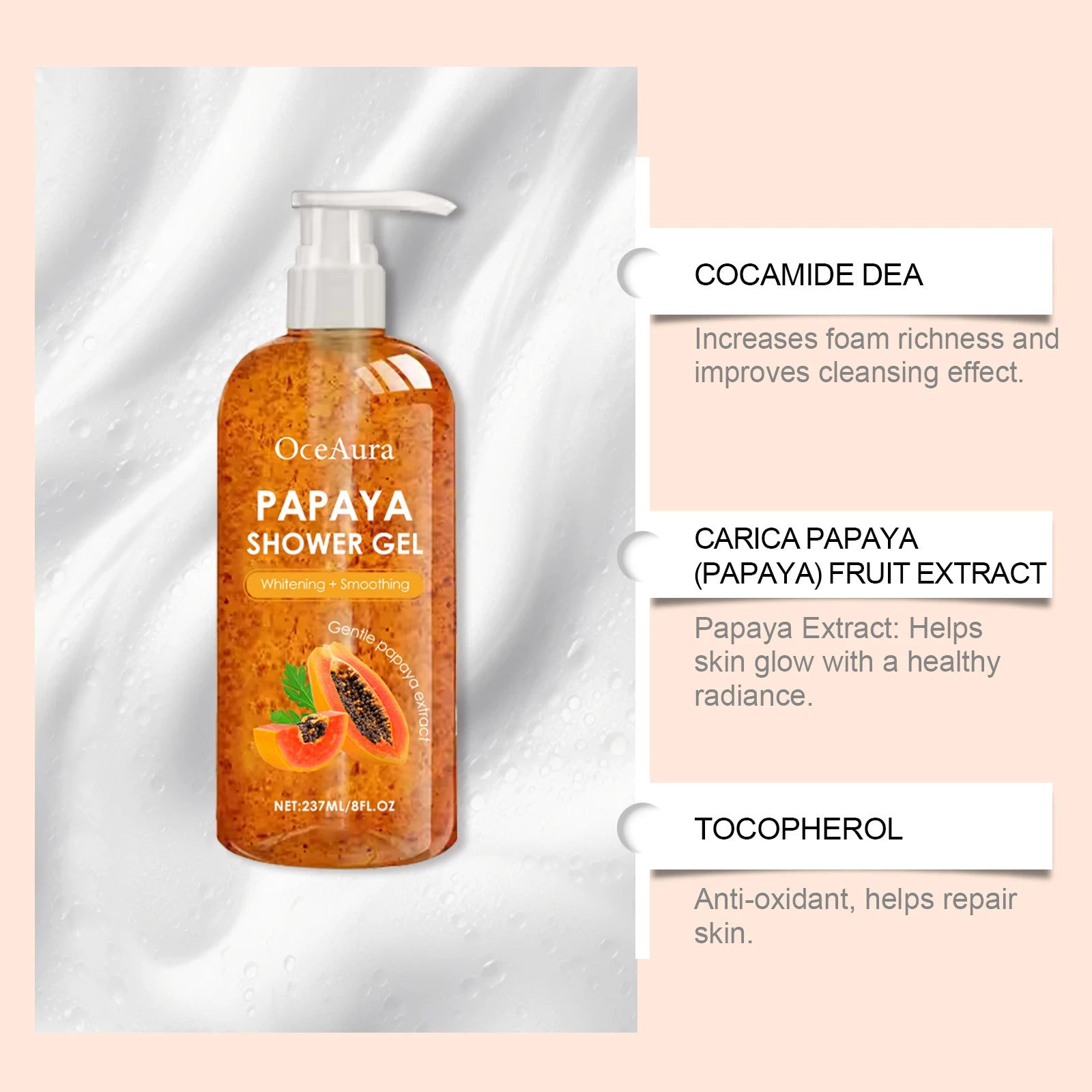 Gel douche blanchissant au papaye, exfoliant, estompe, Pigmentation, arôme durable, huile de contrôle rafraîchissante, mousse riche, lavage du corps