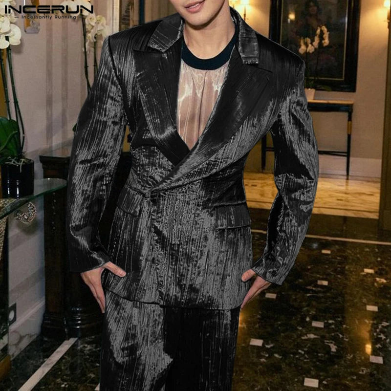 Blazer hommes brillant plissé taille costume manteau fête spectacles mâle Double poche revers à manches longues Blazer