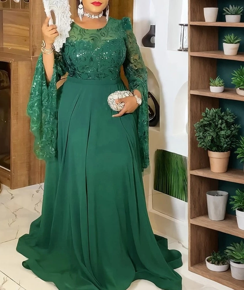 Robe longue en dentelle pour femmes africaines, grande taille, manches longues cloche, robe brodée à paillettes de luxe pour mariages, gala