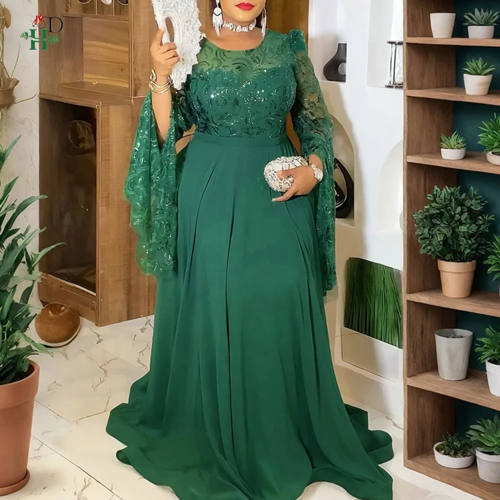Robe longue en dentelle pour femmes africaines, grande taille, manches longues cloche, robe brodée à paillettes de luxe pour mariages, gala