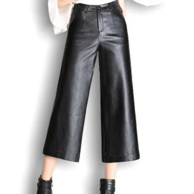 Pantalon capri en cuir PU pour femme, pantalon à jambes larges, pantalon droit, hiver, automne
