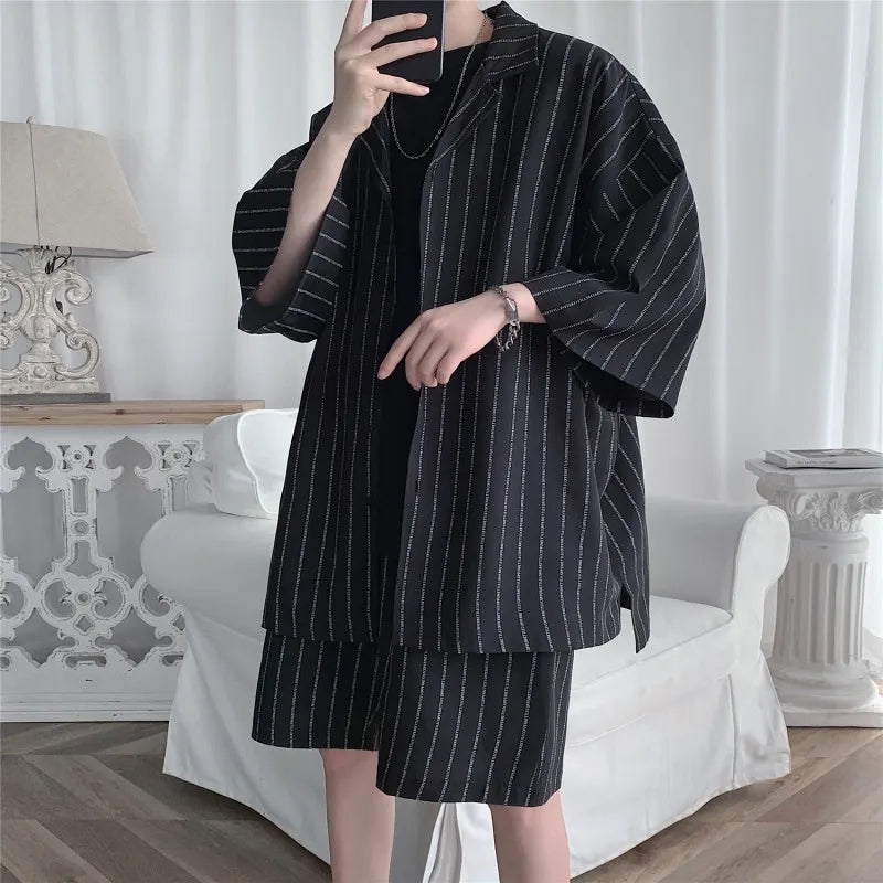 Ensemble de shorts assortis pour hommes, chemises à lettres rayées, tenues à imprimé floral, manches courtes, taille élastique, mince, surdimensionné, été