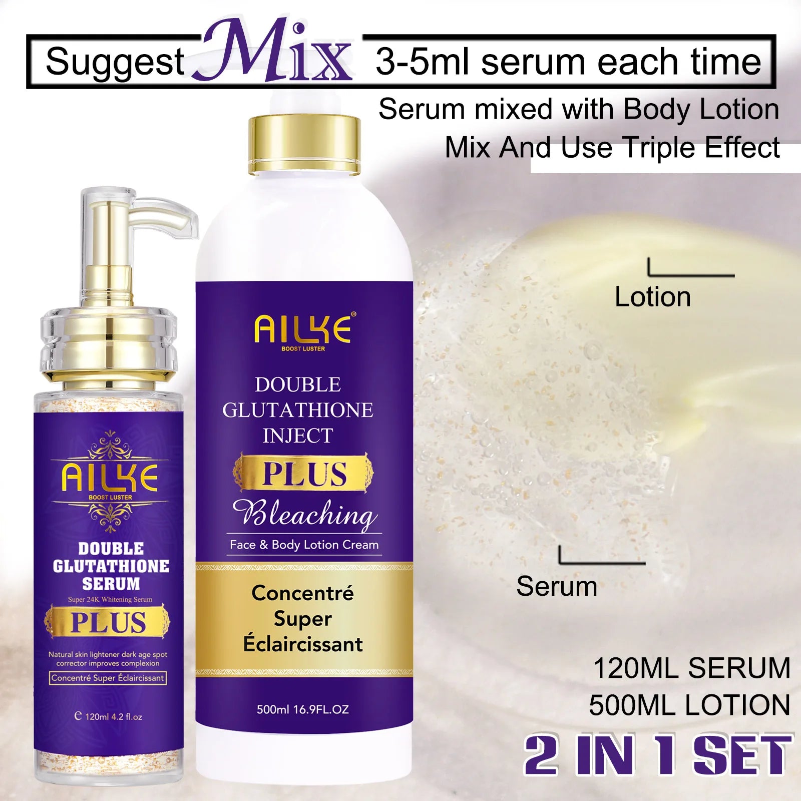 AILKE Ensemble de blanchiment double glutathion pour tous les types de peau, réduit les taches foncées, la mélanine, les taches de rousseur, le cloasma, même le teint