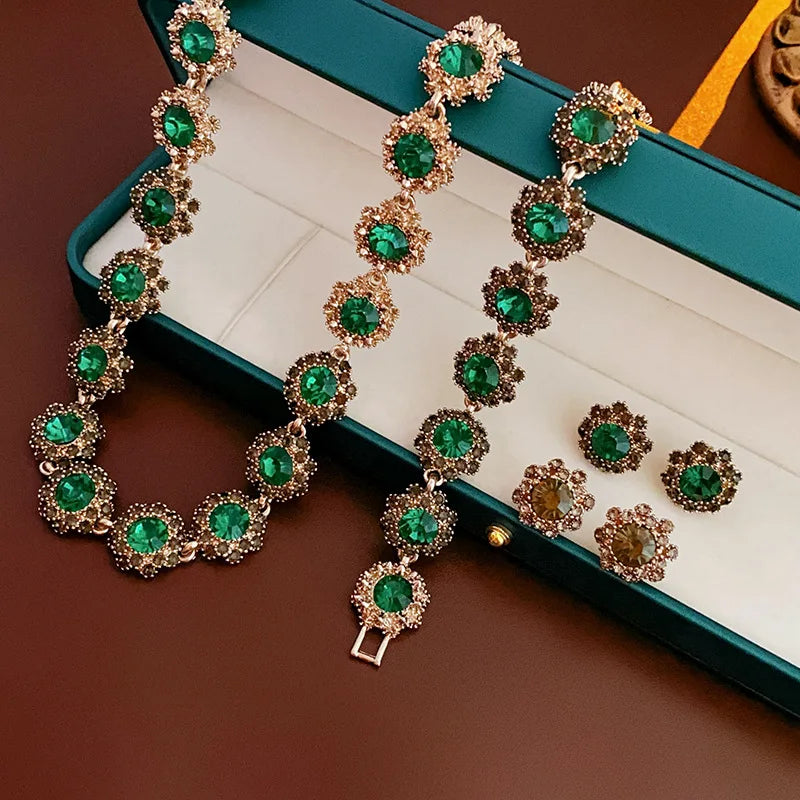 Collier de fleurs en strass pour femmes, cercle vert, Bracelet Vintage médiéval, luxe français, boucles d'oreilles délicates, ensembles de bijoux, vente en gros