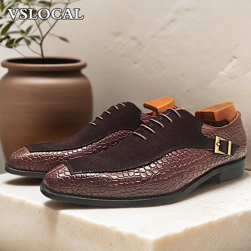 Chaussure  pour Hommes de luxe Oxford à lacets bout fendu ,chaussures habillées Crocodile imprimé en cuir